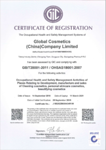 Global Cosmetics Company Certification OHSAS18001 1 213x300 - Quality Management System
